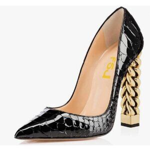 FSJ Black Snake Gold Metal Chain Chunky High Heel Pointed Toe Slip On Shoes